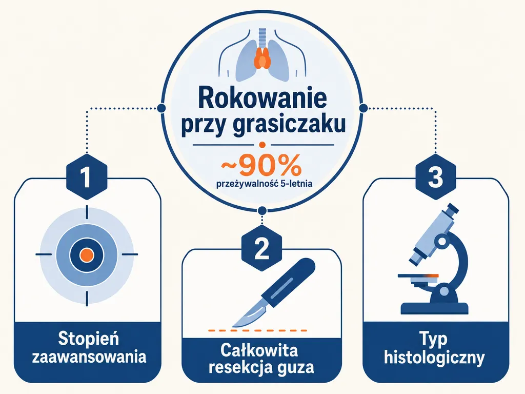 Infografika przedstawiająca trzy czynniki decydujące o rokowaniu przy grasiczaku: stopień zaawansowania, całkowita resekcja i typ histologiczny