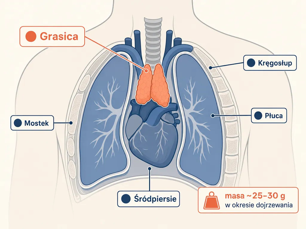 Diagram anatomiczny pokazujący położenie grasicy w śródpiersiu między mostkiem, kręgosłupem i płucami