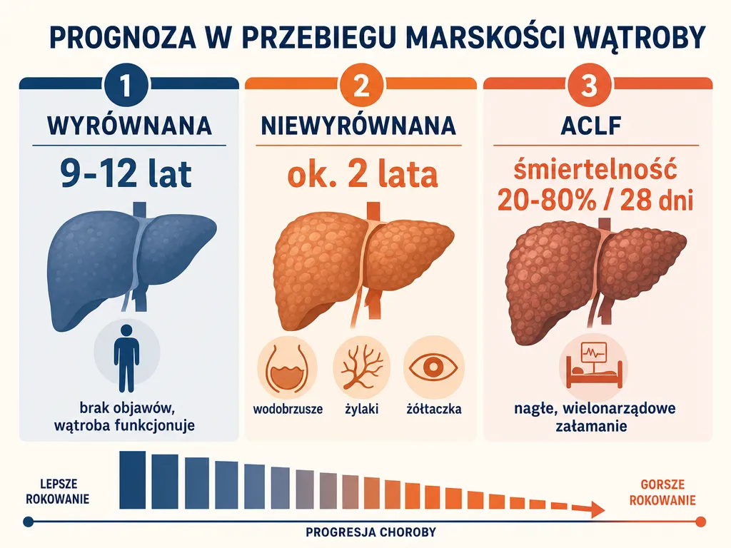 Infografika porównująca długość życia w trzech fazach marskości wątroby: wyrównanej, niewyrównanej i ACLF
