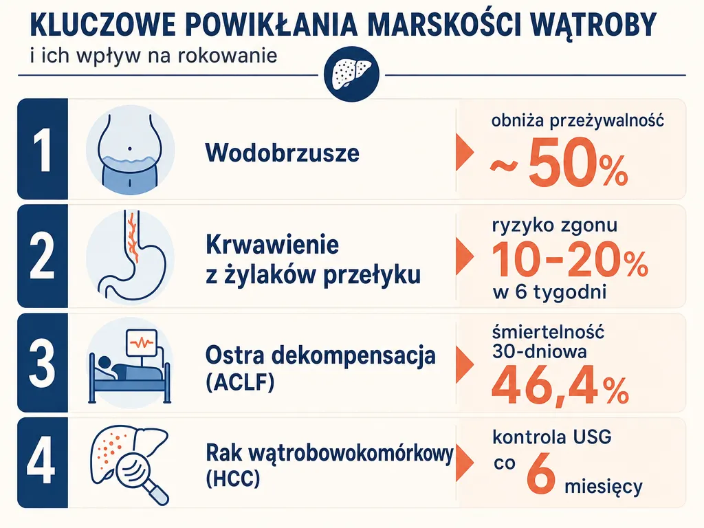 Infografika przedstawiająca powikłania marskości wątroby i ich wpływ na rokowanie